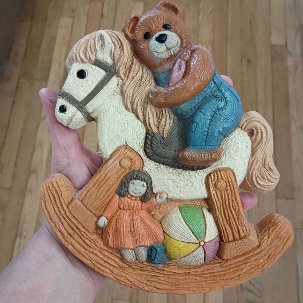 Vintage 1986 Frankie's Design Teddy Bear Rocking Horse Nursery Room Wall Plaque